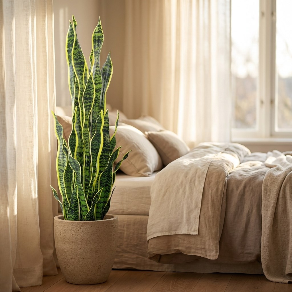 Faux snake plant in a speckled cream planter beside a bed with linen bedding in a sunlit bedroom