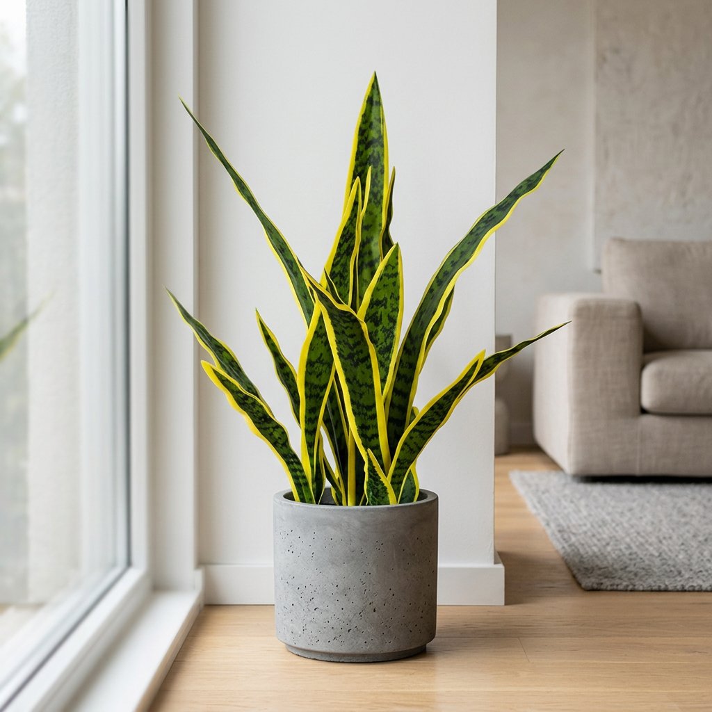 Faux snake plant in a grey concrete planter beside a window in a bright living room with a beige sofa