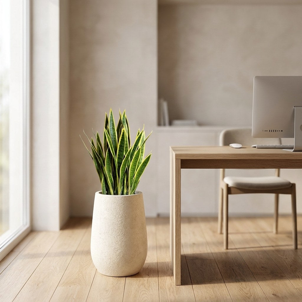 Faux snake plant in a cream textured planter beside a desk with a computer in a sunlit dining nook