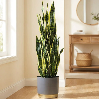 Tall faux snake plant in a grey and gold planter in an entryway beside a console table and round mirror