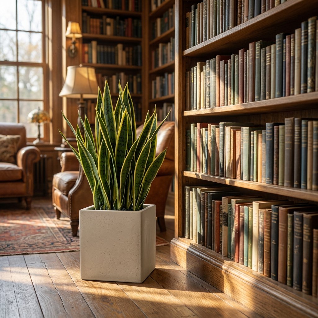 Faux snake plant in a cream square planter in front of a sunlit library wall of bookshelves and leather armchairs