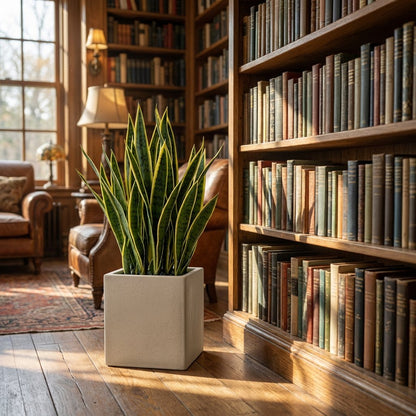 Faux snake plant in a cream square planter in front of a sunlit library wall of bookshelves and leather armchairs