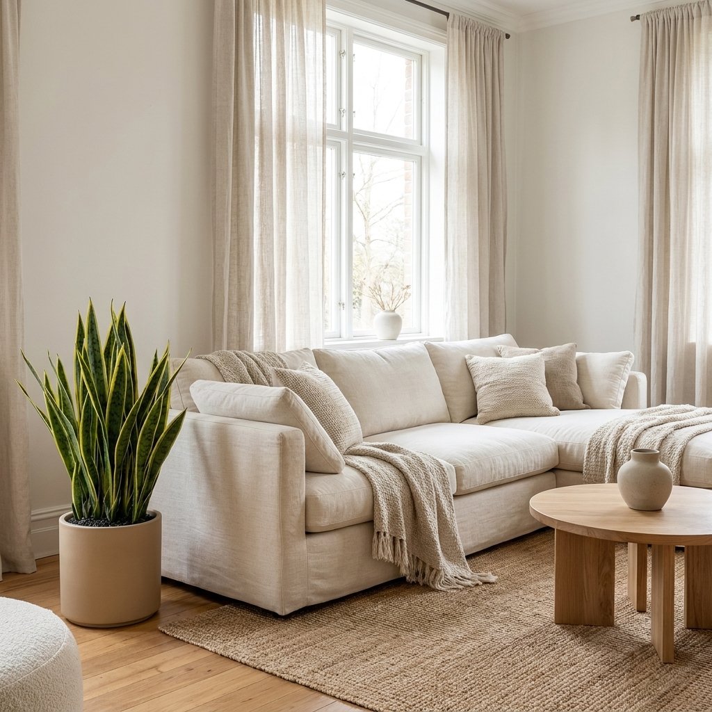 Faux snake plant in a tan planter beside a cream sectional sofa and round wood coffee table