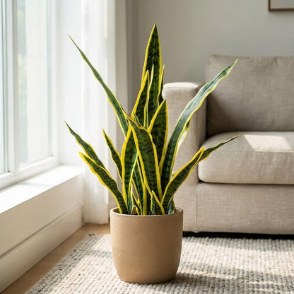 Faux snake plant with yellow-edged leaves in a tan planter beside a beige sofa on a woven rug
