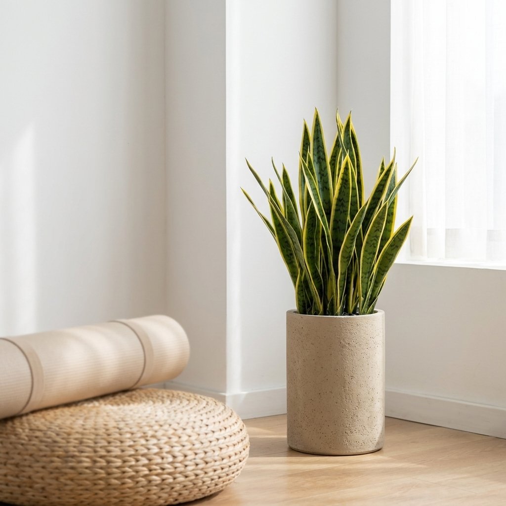 Faux snake plant in a sandy concrete planter in a minimalist corner beside a woven pouf and rolled rug