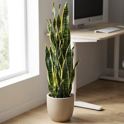 Faux snake plant in a beige planter beside a standing desk with a monitor and keyboard