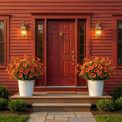 Pink faux UV-protected flower stems in outdoor planters on patio table