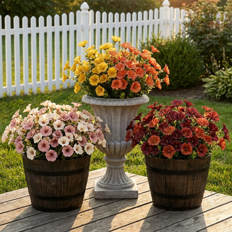 Faux UV-protected flower stems arranged in outdoor planters on wooden deck