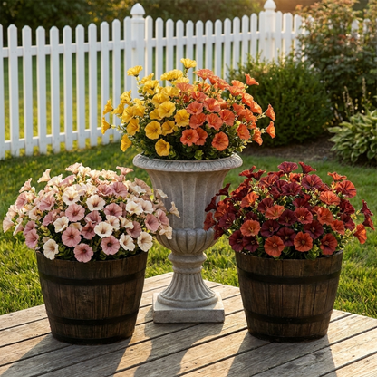 Faux UV-protected flower stems arranged in outdoor planters on wooden deck