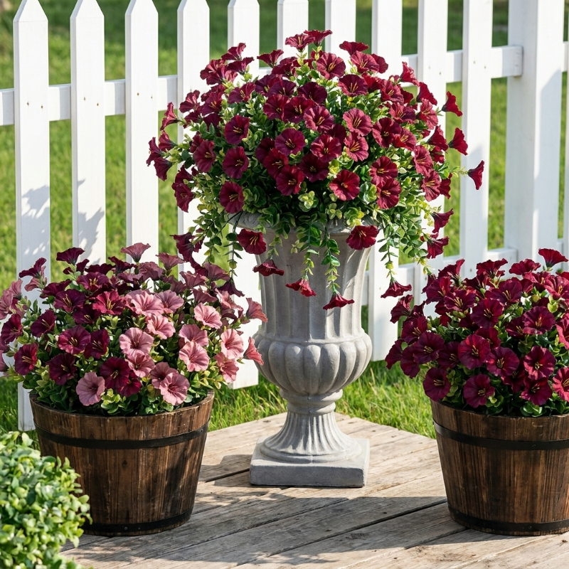 Faux UV-protected flower stems in planters by white picket fence