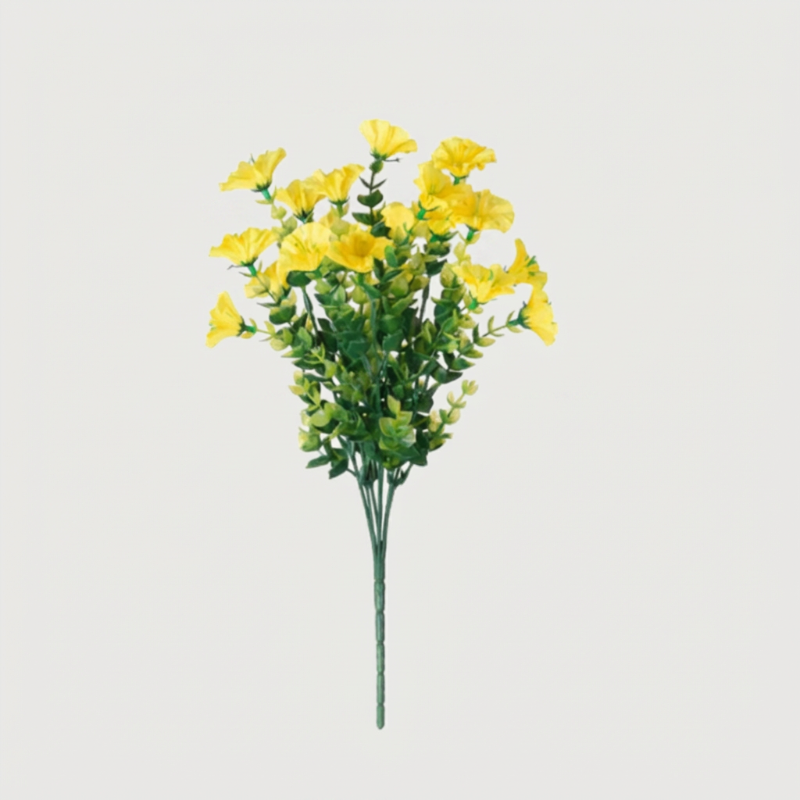Yellow faux UV-protected flower stems on white background