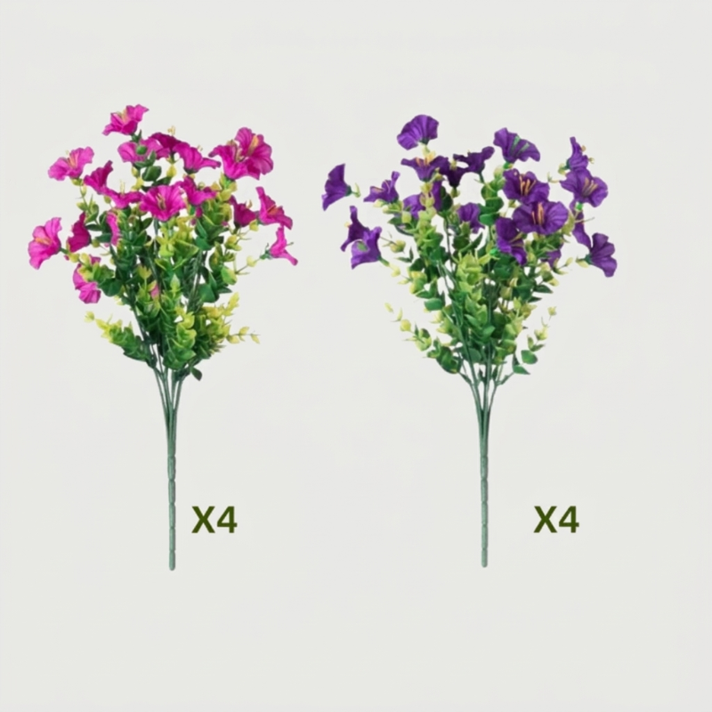Purple and pink faux UV-protected flower stems shown side by side