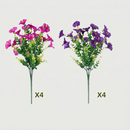 Purple and pink faux UV-protected flower stems shown side by side