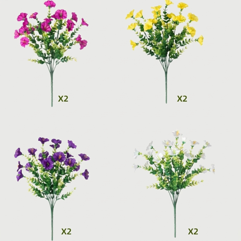 Pink and yellow faux UV-protected flower stems shown side by side