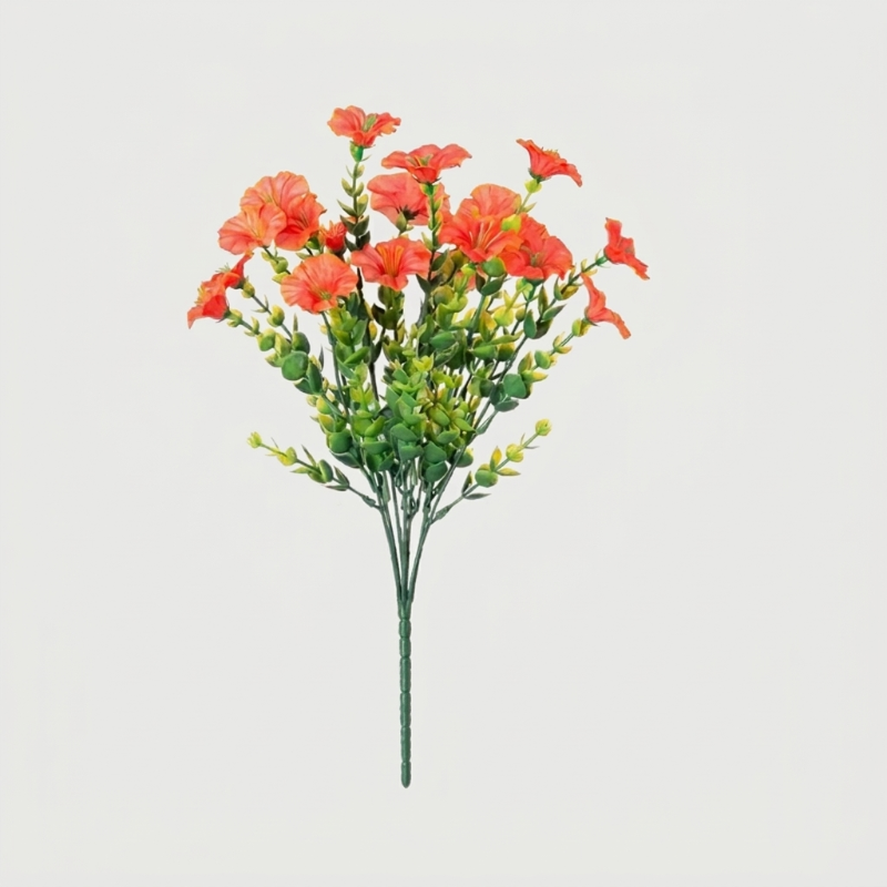 Orange faux UV-protected flower stems on white background