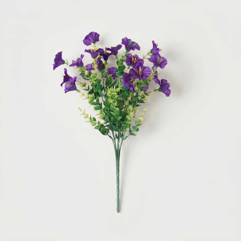 Purple faux UV-protected flower stems on white background