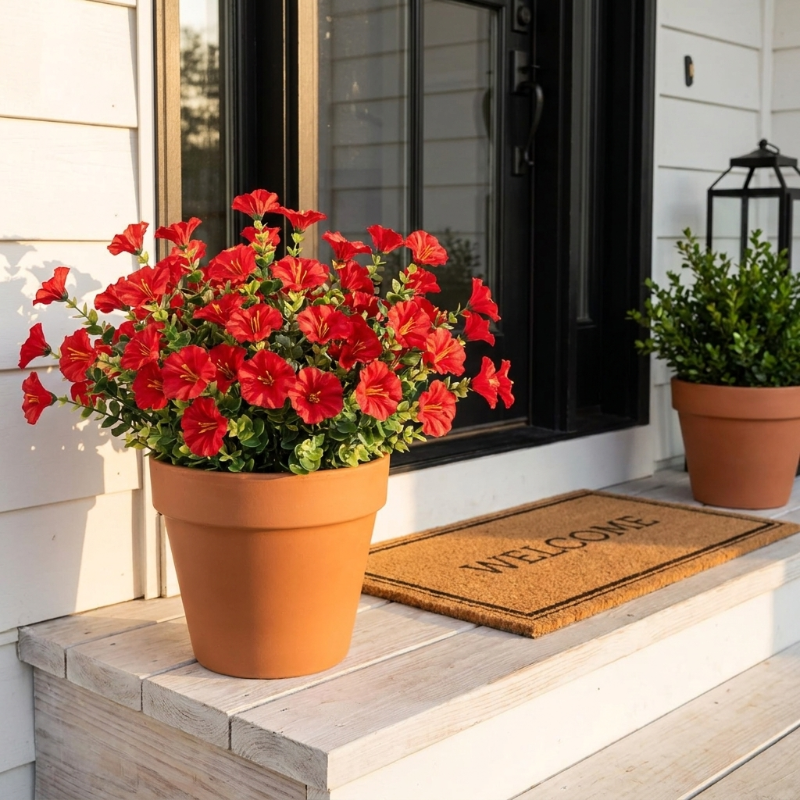 Red faux UV-protected flower stems in terracotta pot on windowsill