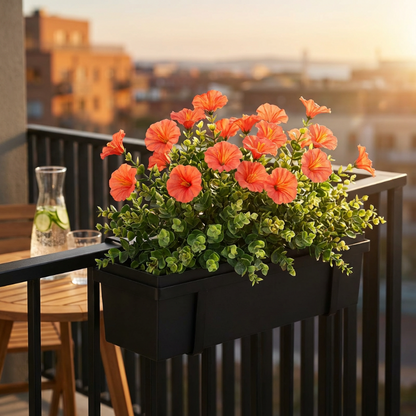 Pink faux UV-protected flower stems in hanging basket outdoors