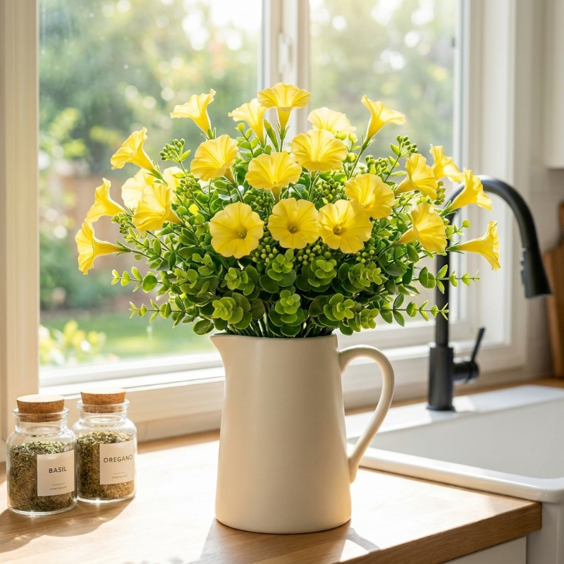 Yellow faux UV-protected flower stems in cream vase by window