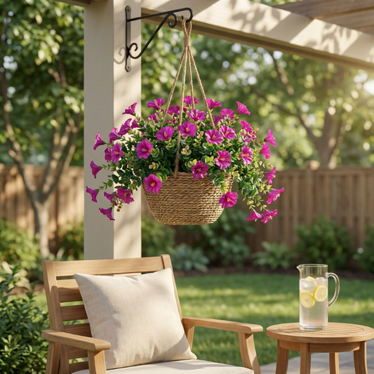 Orange faux UV-protected flower stems in front porch planters