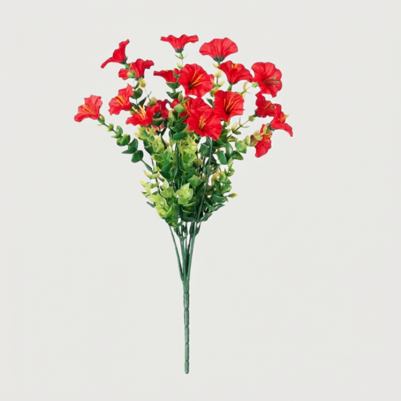 Red faux UV-protected flower stems on white background