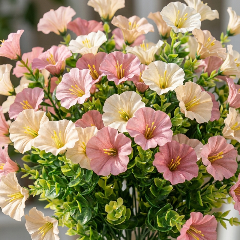 Peach faux UV-protected flower stems close-up in outdoor planter
