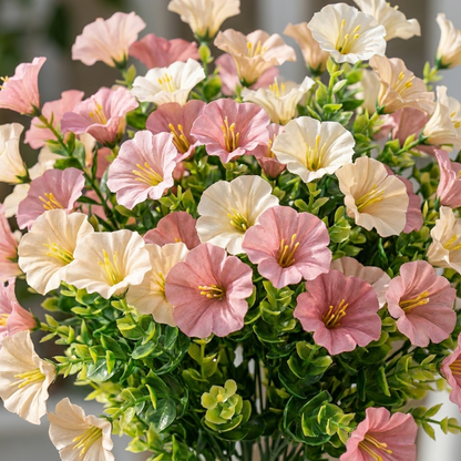 Peach faux UV-protected flower stems close-up in outdoor planter