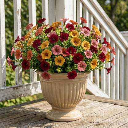 Red and yellow faux UV-protected flower stems in beige planter