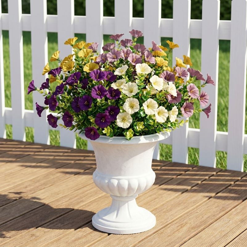 Purple and yellow faux UV-protected flower stems in white urn planter