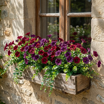 Faux UV-protected flower stems in window box planters outdoors