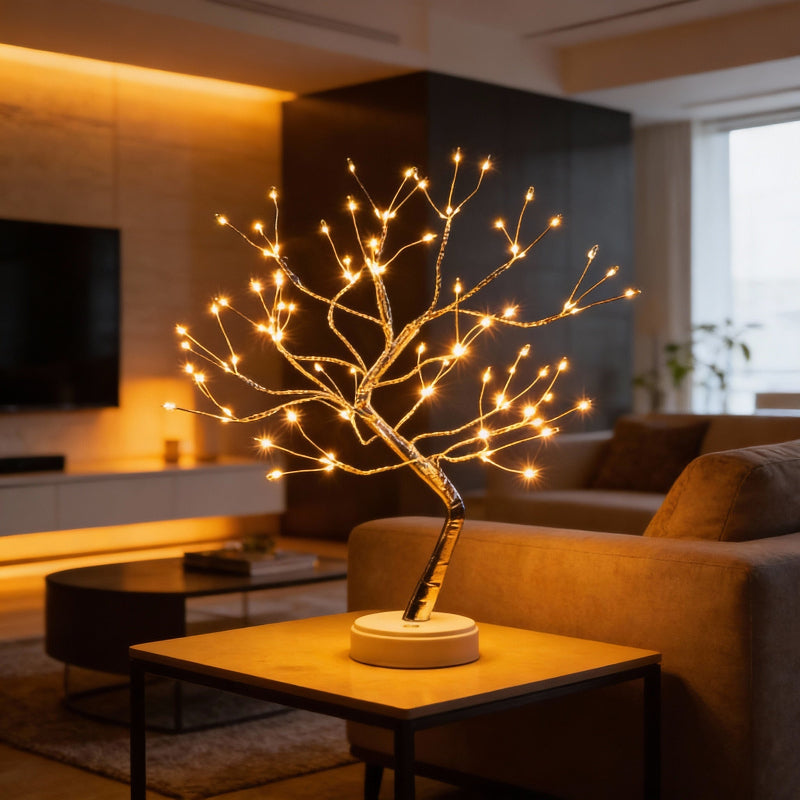 Decorative LED tree on a table in a living room setting
