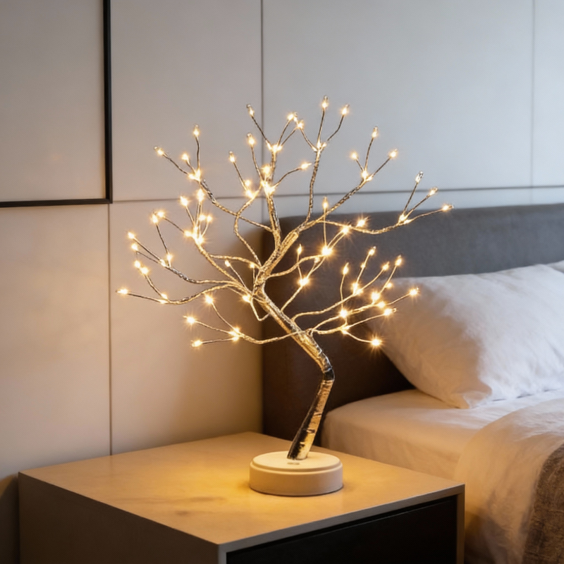 Decorative LED tree on a nightstand next to a bed