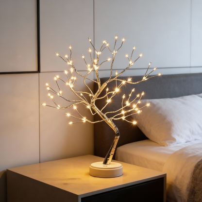 Decorative LED tree on a nightstand next to a bed