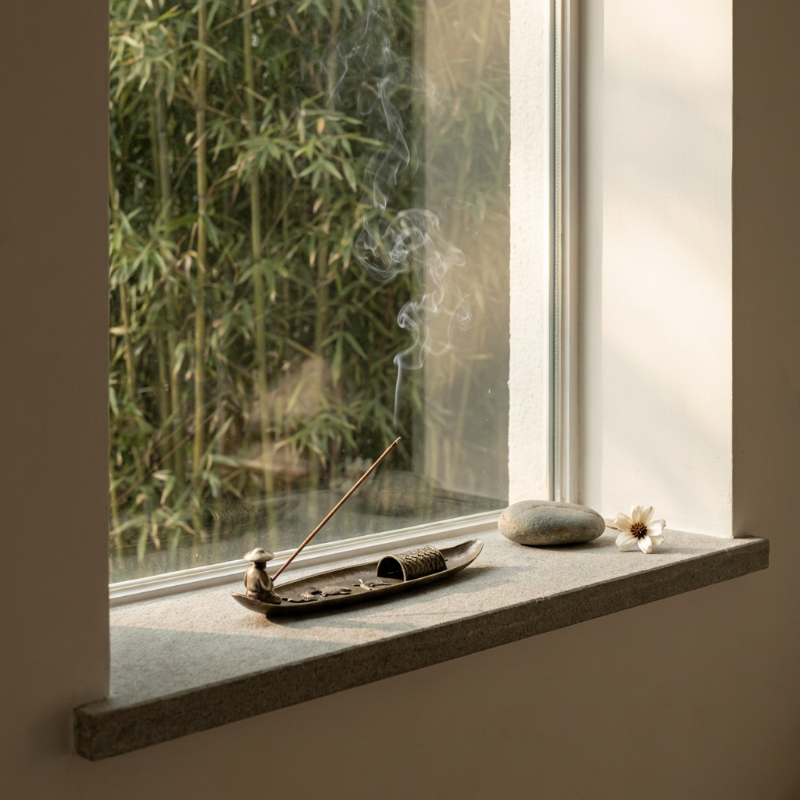 Fishing boat incense burner on windowsill in natural light