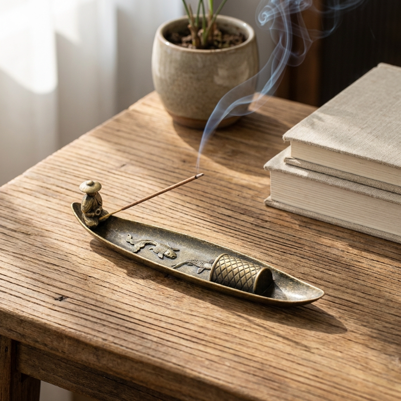 Fishing boat incense burner on wooden table with books