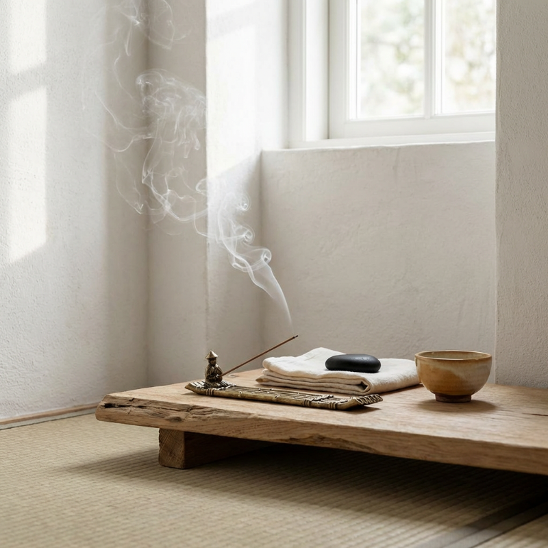 Fishing boat incense burner in soft neutral bedroom setting