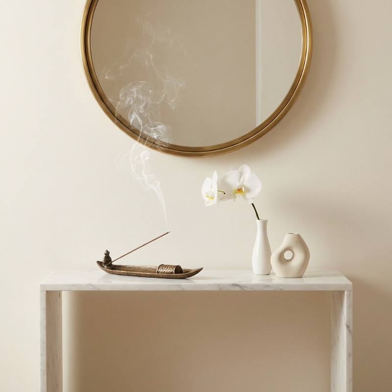 Fishing boat incense burner styled on console table with mirror