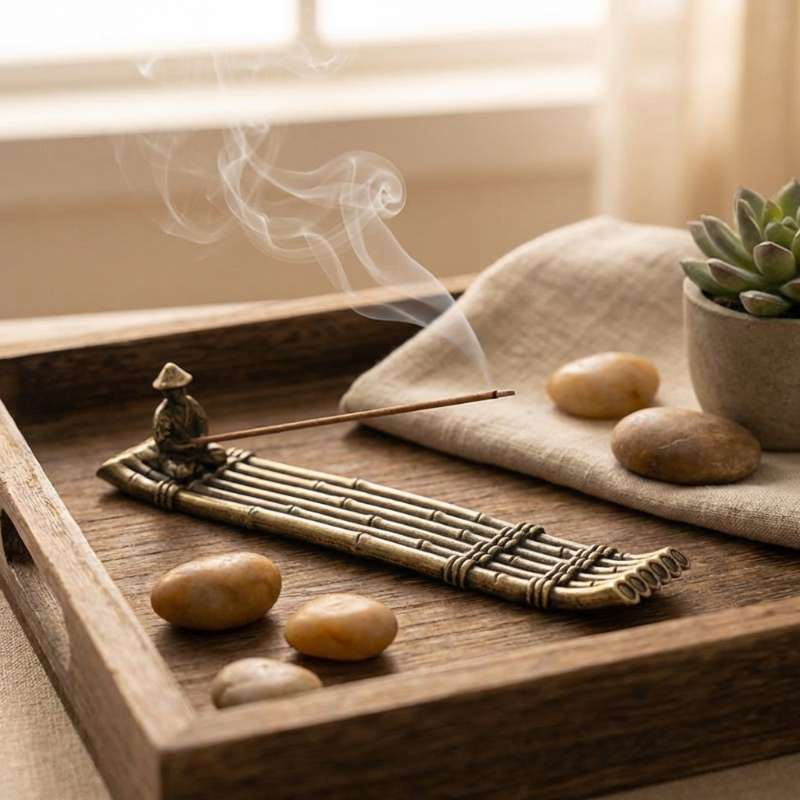 Fishing boat incense burner on tray with smoke rising