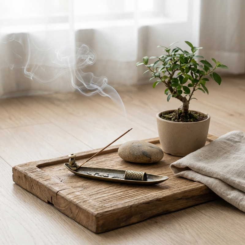 Fishing boat incense burner on wooden tray beside potted plant