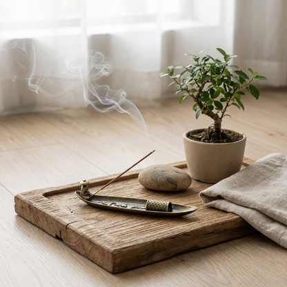 Fishing boat incense burner on wooden tray beside potted plant