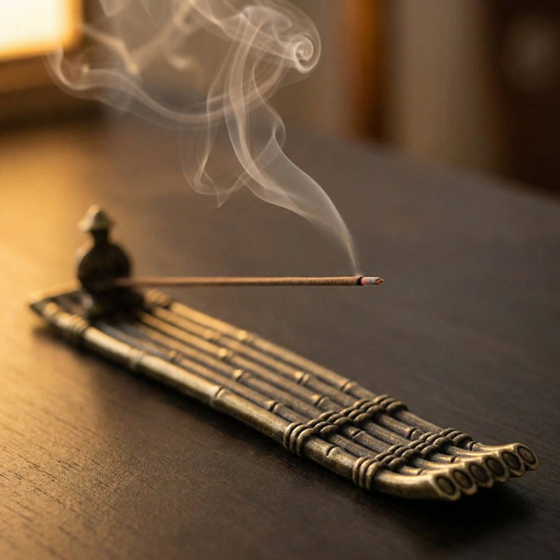 Fishing boat incense burner with smoke in warm ambient lighting