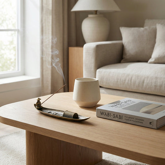 Living room with a wooden coffee table featuring a ceramic cup, incense burner, and book titled 'Wabi-Sabi'.
