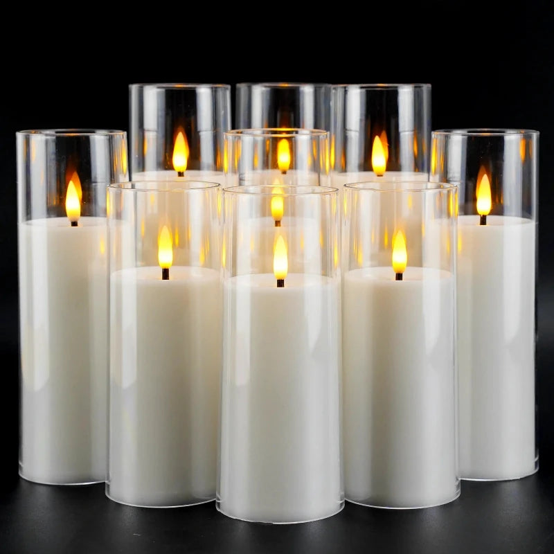 Flickering flameless candles with adjustable brightness settings.