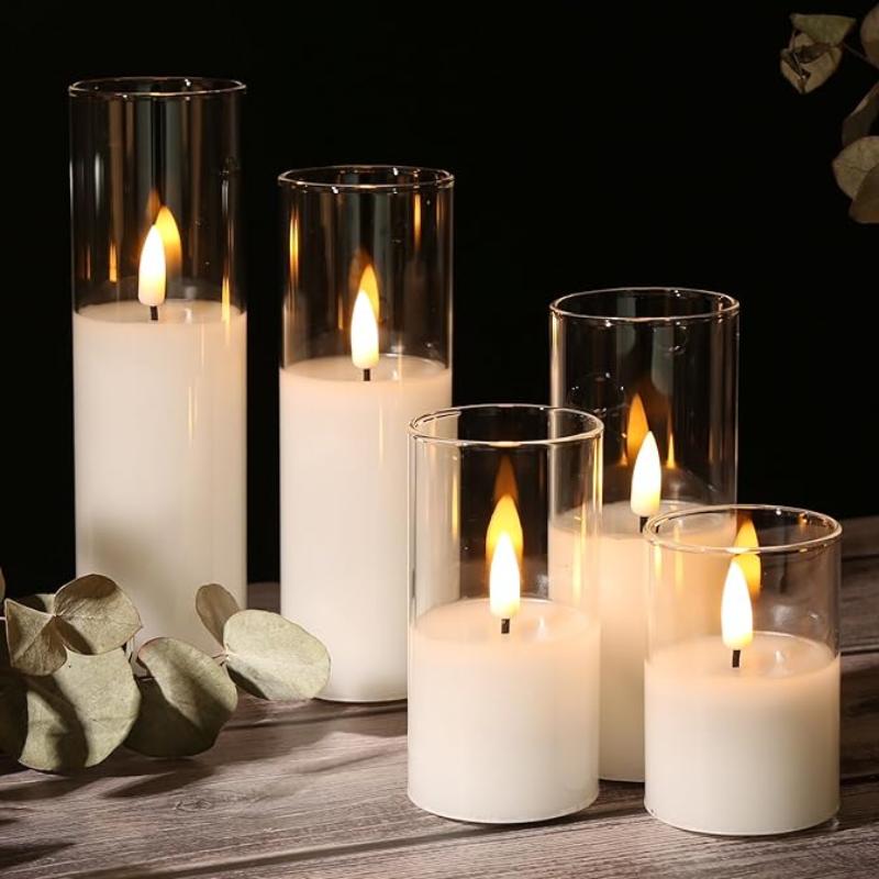 Set of flameless LED candles with realistic flickering glow.