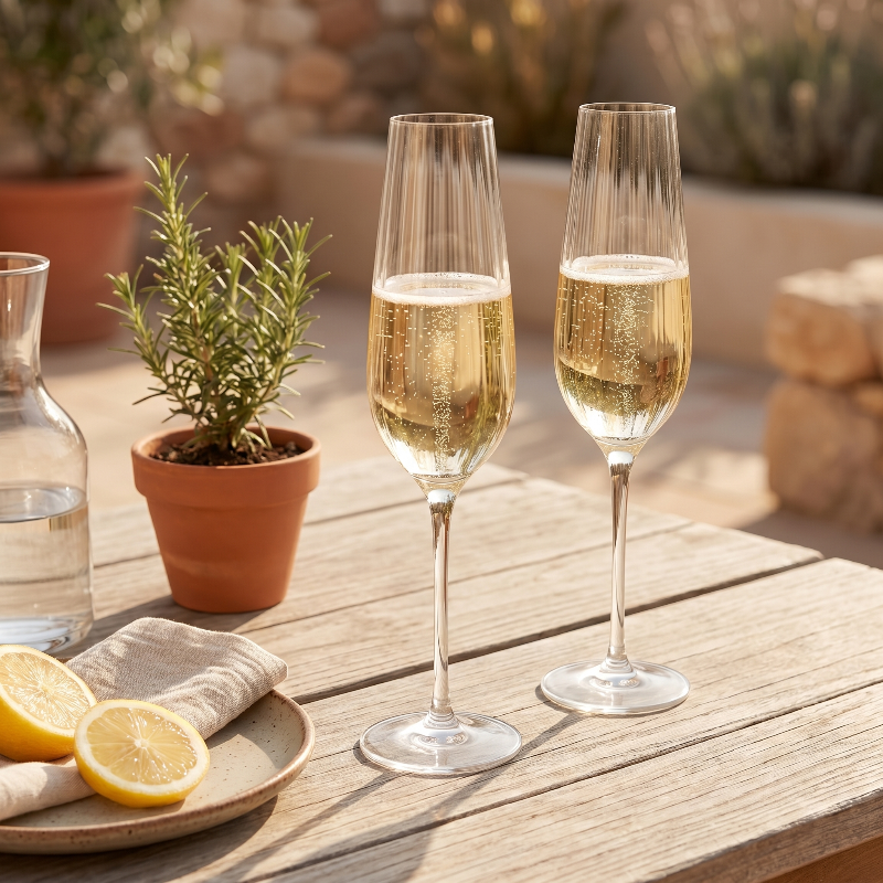 Two champagne flutes with bubbles on a wooden table outdoors, with lemons and a plant in the background.