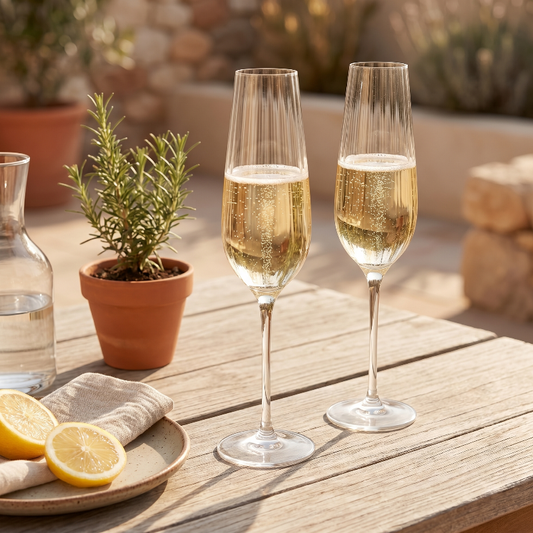 Two champagne flutes with bubbles on a wooden table outdoors, with lemons and a plant in the background.