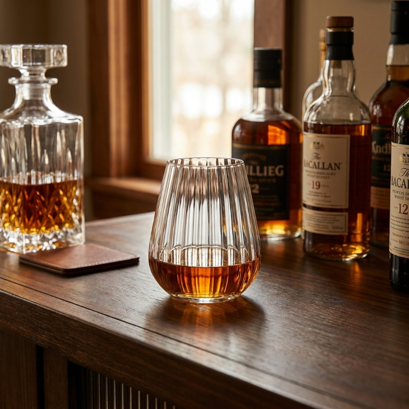 Glass of whiskey with Macallan bottles on a wooden surface with fluted stemless glass