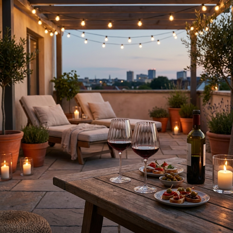 Outdoor patio with string lights, chairs, and a table set for a meal with wine glasses and food.