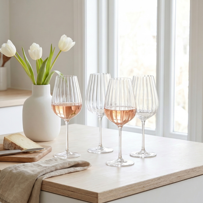 Wine glasses with rose wine on a table with a vase of tulips and cheese.
