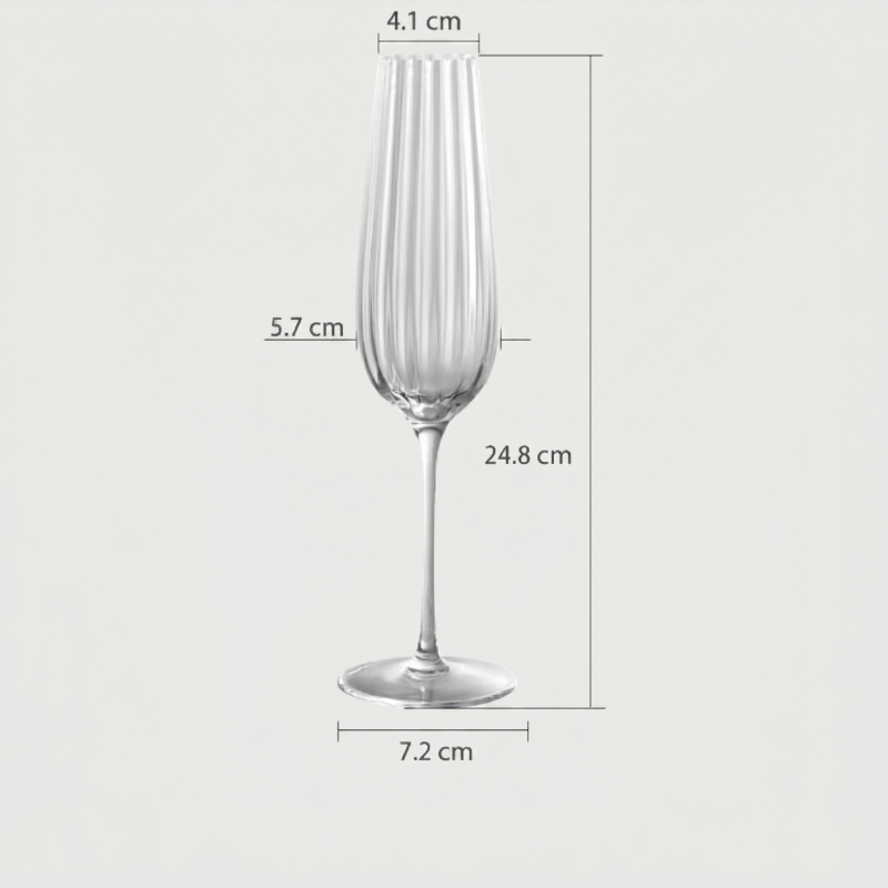 Clear glass flute with dimensions labeled on a light gray background